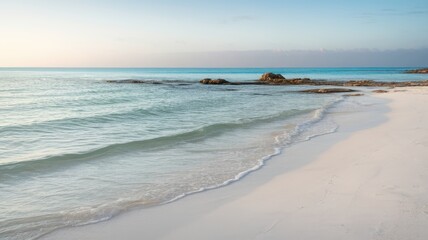 Obraz premium Serene beach with gentle waves lapping against soft white sand, accompanied by smooth rocky outcrops in the distance, creating a tranquil coastal scene.