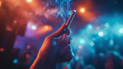 a woman has a cigarette in her hand at a disco, party,	
