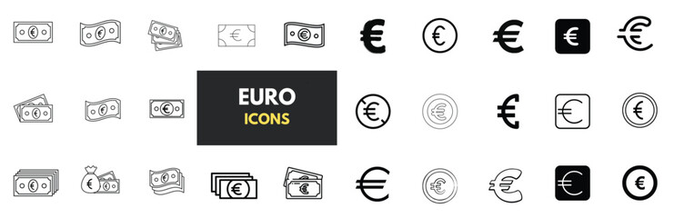 Collection of Euro symbol and banknote icons in various styles. Black and white designs.