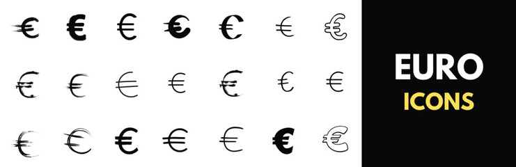 collection of euro currency icons features various styles of euro banknotes and bill graphics, including outlined, solid, and photorealistic versions.