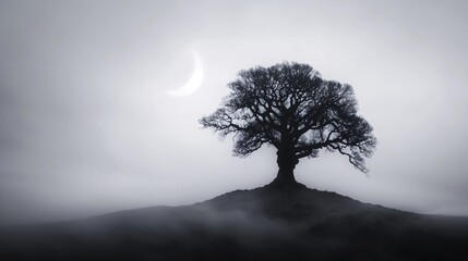 Obraz premium mystical silhouette of a lone tree against a foggy moonlit sky