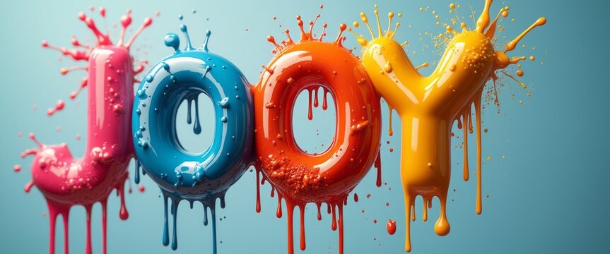The vibrant word JOOY bursts with energy, crafted from glossy paint that drips and splatters against a soft blue background. This lively composition radiates joy and creativity, inviting viewers to