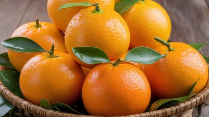 A vibrant collection of freshly picked oranges with green leaves, glistening with dew, arranged in a woven basket.