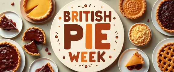 An enticing display of various pies, including chocolate, custard, and fruit, surrounds a bold British Pie Week sign. This mouthwatering arrangement invites pie lovers to indulge in the rich flavors