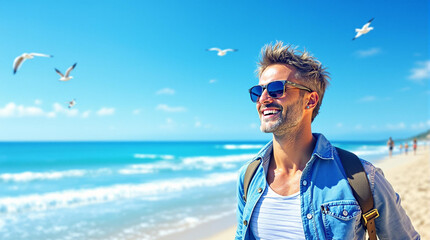Seasonal allergies. Joyful beachside walk by smiling man wearing sunglasses, vibrant day
