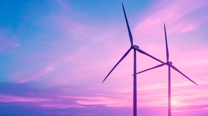 Fototapeta premium vibrant sunset over wind turbines: renewable energy and sustainable future