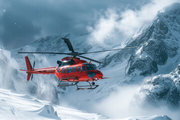 Obraz premium Rescue helicopter navigates snowy mountain terrain during a challenging operation