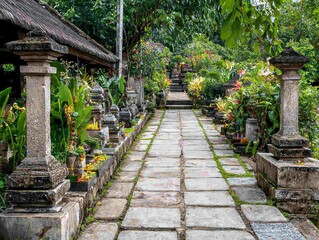 Vibrant Balinese temple adorned with colorful offerings and surrounded by lush greenery