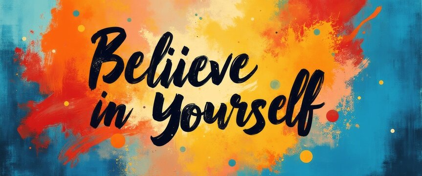 This striking image features the empowering phrase Believe in Yourself boldly displayed against a backdrop of vivid orange, blue, and yellow splashes. The dynamic colors and artistic brush strokes - Powered by Adobe