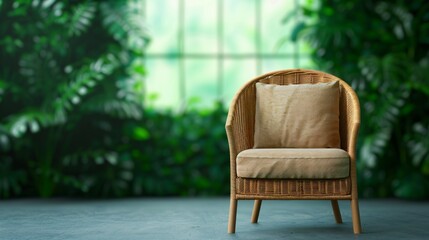 Fototapeta premium cozy rattan chair surrounded by lush greenery in bright indoor space