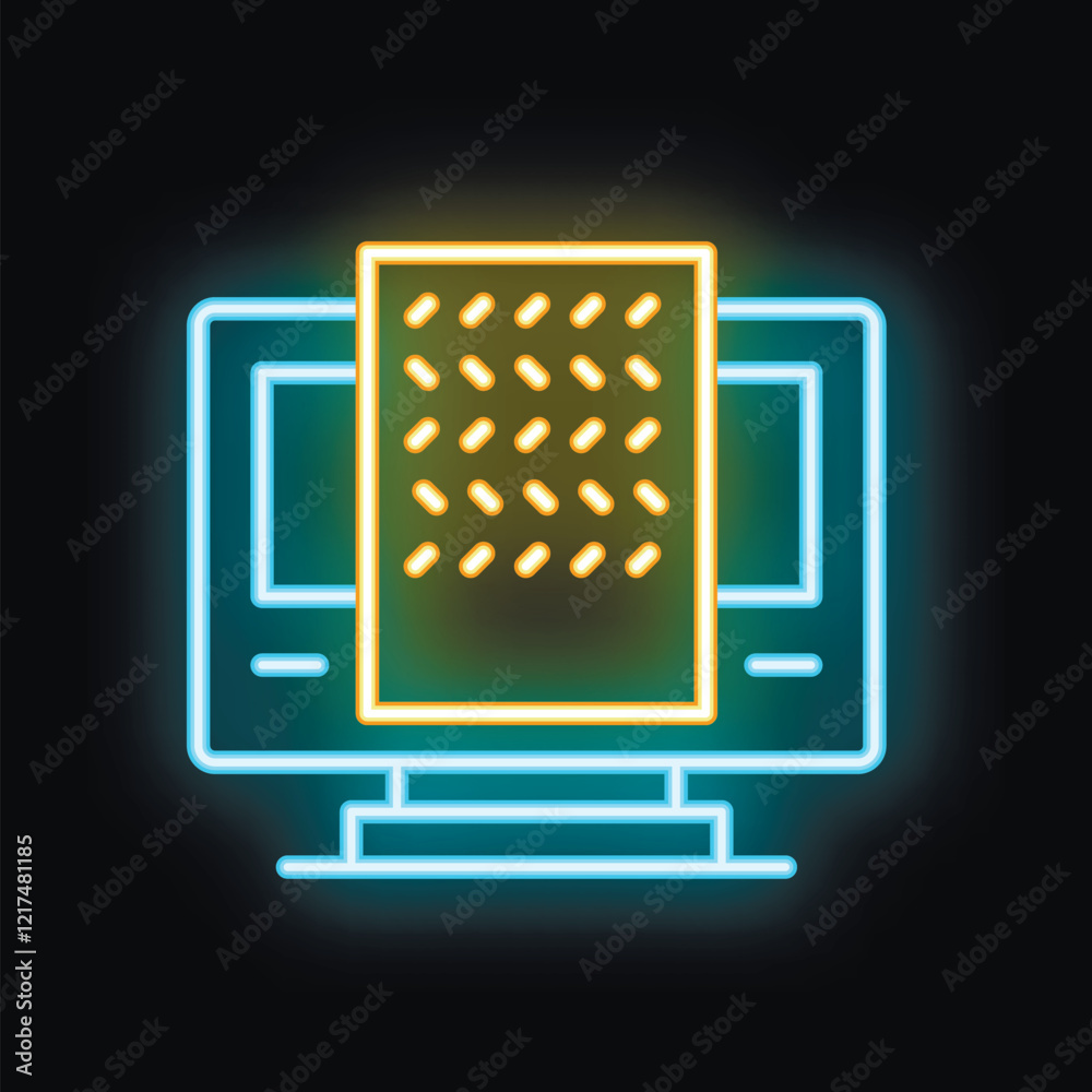 Poster glowing neon icon of a computer monitor displaying a digital security system, representing cybersecu