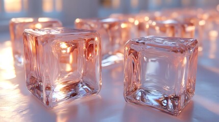 Ice cubes melting on surface with warm lighting reflecting