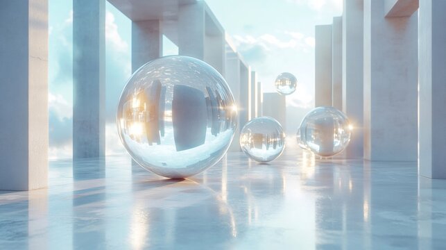 Reflective spheres floating in minimalist concrete structure with sunlight