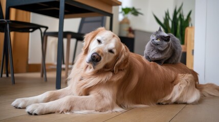 Obraz premium A golden retriever rests peacefully on the floor while a gray cat lounges on its back in a cozy indoor setting.