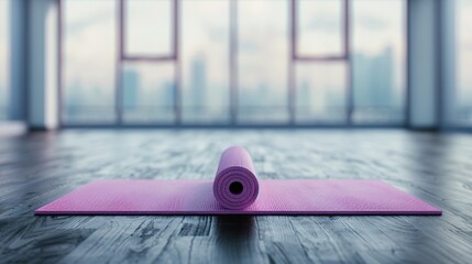 tranquil yoga studio with rolled pink mat in urban setting