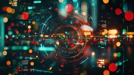 Futuristic digital interface with glowing geometric patterns and vibrant neon colors, exuding sci-fi innovation and dynamic motion. Perfect for cyber and hi-tech digital art themes.