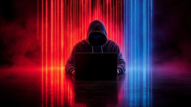 A hooded figure sits in front of a laptop, illuminated by dramatic red and blue vertical binary code streams. The dark, mysterious setting emphasizes themes of hacking, cybersecurity, and technology
