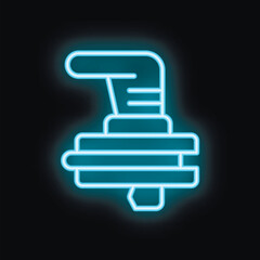Bright blue neon icon of a hand crank generator being powered on dark background