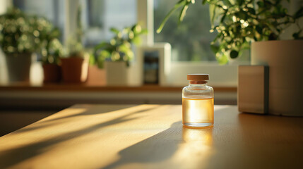 Small glass bottle on a sunlit wooden table with plants in the background, symbolizing natural healing and homeopathy.