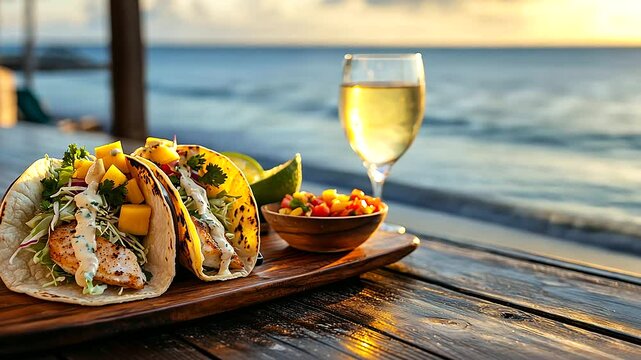 Mahi Mahi Tacos on Rustic Table with Scenic Water View