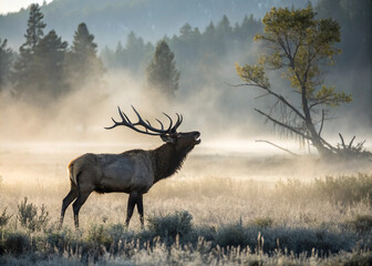 Majestic elk in misty morning light