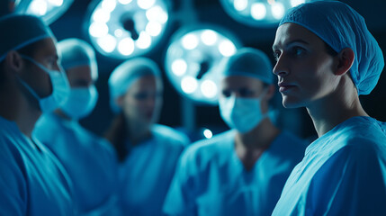 Surgical team in operating room under bright lights, symbolizing teamwork, precision, and dedication in healthcare.