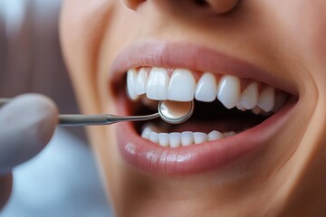 Fototapeta premium Patient receiving dental checkup at a clinic with bright lighting and a focused dentist