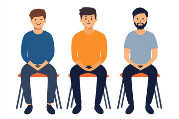 Fototapeta premium Three men are sitting in chairs, one of them wearing an orange shirt