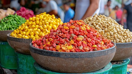 Colorful Pickled Vegetables at a Bustling Market
