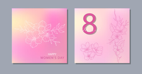 Fototapeta premium Womens Day Card. Set of Floral Posters for 8th March. Flower design Womens Day Greeting Cards. Women Day background Templates with Floral Line Art.