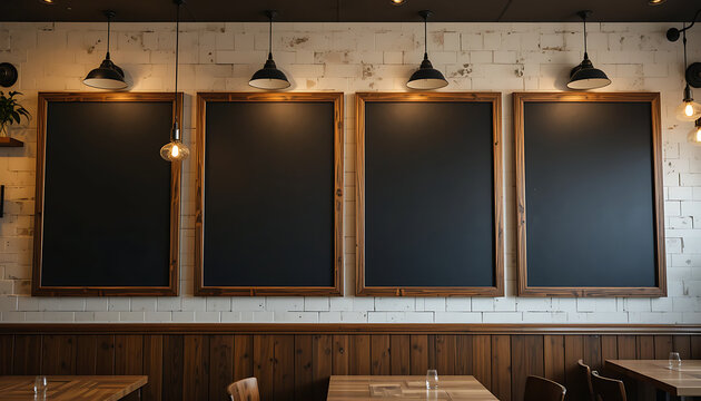 Four blank cafe menu boards offer a perfect display for highlighting restaurant promotions, daily specials, or creative culinary announcements effectively.