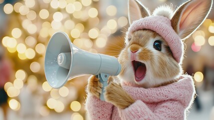 A cheerful bunny in a pink sweater holding a megaphone, with sparkling holiday lights creating a warm festive atmosphere