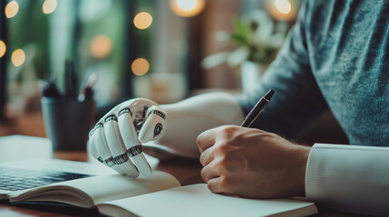 Person with a robotic prosthetic hand writing in a notebook at a cozy desk, symbolizing innovation and human adaptability.