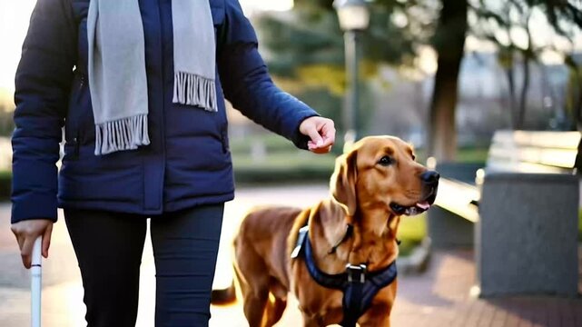 Heartwarming scene of a visually impaired woman petting her loyal guide dog while walking in a sunny park, demonstrating their strong bond and trust