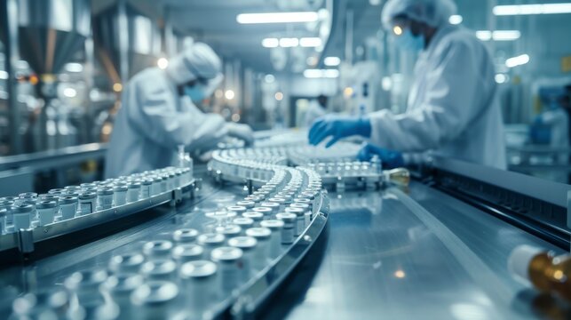 In a pharmaceutical manufacturing facility, workers in protective clothing ensure hightech efficiency and safety in a sterile environment, producing pills and capsules with precision