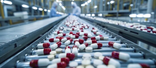 In pharmaceutical manufacturing, a production line with capsules is crucial. Workers in protective clothing ensure quality control. Automation and technology drive efficiency in the industry