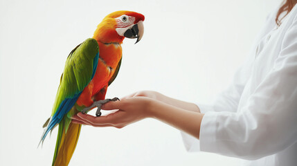 Vibrant macaw parrot perched on a veterinarian's hand during an examination, symbolizing exotic pet care and health.
