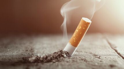 Extinguished cigarette butt in ashes with rising smoke on light background, symbolizing the end of smoking and health awareness.