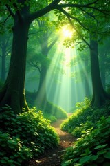 Misty green forest, sunlight filtering through leaves, autumn, overgrown, sunlight