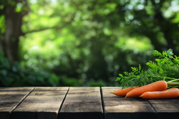 Fresh Carrots with Green Leaves on a Rustic Wooden Table in a Nature Setting