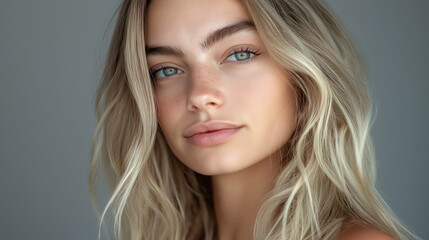 Naklejka premium Portrait of a serene blonde woman with natural beauty, bright blue eyes, and confident expression, wellness and self-care concept.