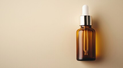 Stylish amber glass dropper bottle on a soft beige background, ideal for essential oils or skincare products.