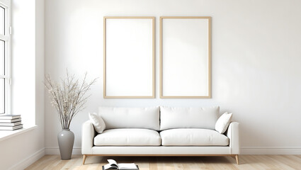 Fototapeta premium Modern Living Room with Blank Horizontal Poster Frame