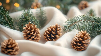 Fototapeta premium festive golden pinecones on soft fabric with holiday greenery