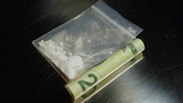 Crushed oxycodone or Heroin maid of opioid medications placed in small plastic container. Become powdered illegal drug stored for sale at clubs, party and streets, indicating substance abuse.