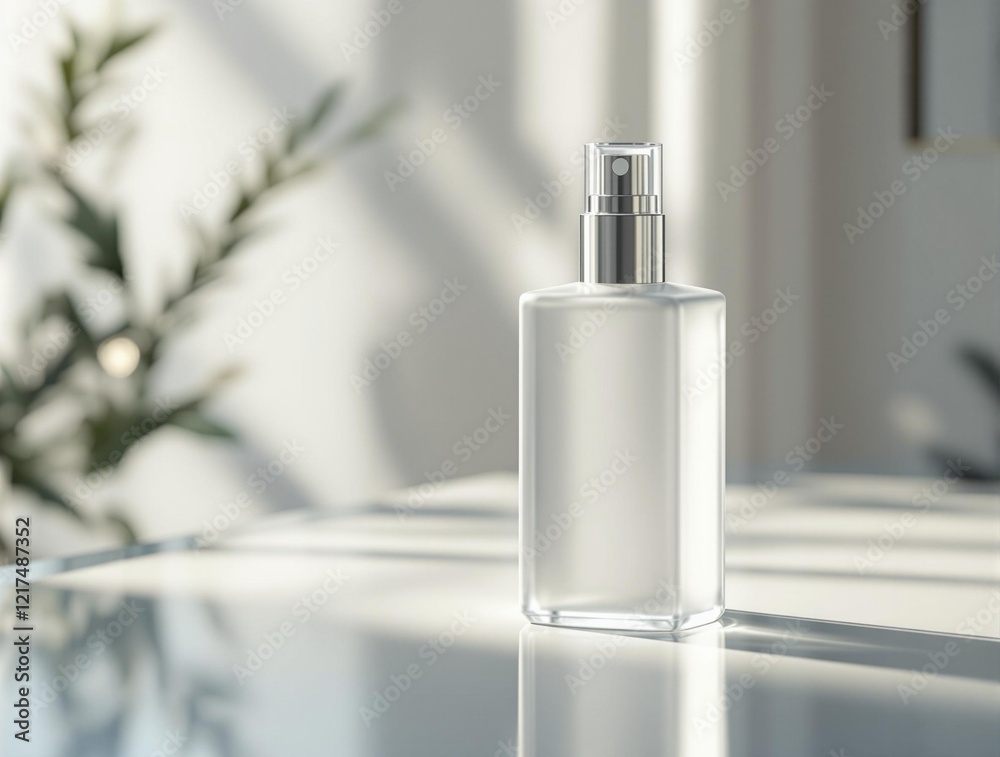 Poster a transparent glass spray bottle with a metallic nozzle, placed on a reflective surface. The bottle is positioned in a well-lit room with a window in the background, casting soft shadows mockap 