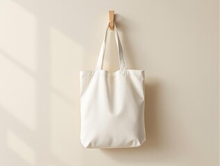 a white cloth bag hanging from a wooden hook against a wall with a white surface. The bag has two handles and is empty. mockap 