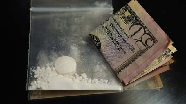Crushed oxycodone or Heroin maid of opioid medications placed in small plastic container. Become powdered illegal drug stored for sale at clubs, party and streets, indicating substance abuse.