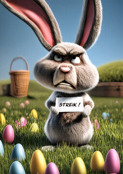 Streikender Osterhase mit schlechter Laune und ein Streikschild in den Pfoten