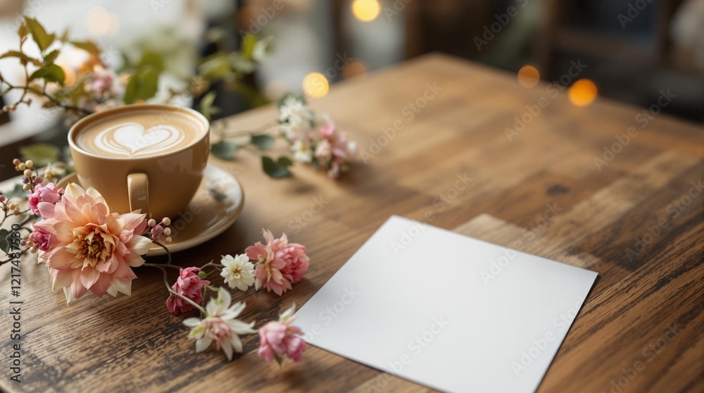 Poster a wooden table with a cup of coffee, a white card, and a floral arrangement. the background features